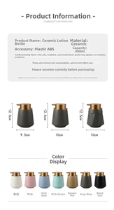 Detailed size specifications for 400ml ceramic soap dispenser with dimensions and color options