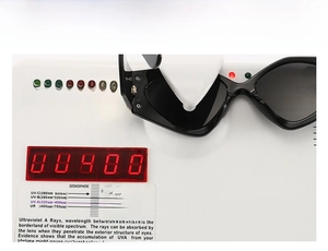 Detailed UV400 protection test showing high quality black sunglasses with dark lenses