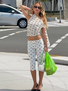 Damen Polka Dot Outfit Ein Schulter Ärmelloses Enges Top Und Caprihose Streetwear Sexy Bodycon