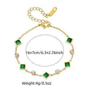 Gold stainless steel chain bracelet with green square gemstone and white round accents