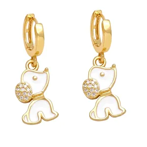 Chic golden Snoopy style dog earrings with white enamel and sparkling zircon details