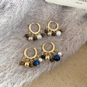 Tiger Eye Beaded Artificial Pearl Hoop Earrings Vintage Elegant 18K Gold Plated Copper With 925 Sterling Silver Earring Post For Women