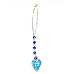 Detail of blue heart evil eye hanging ornament with crystal beads and gold lobster clasp