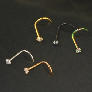 Set of five 316L stainless steel nose screws with round cubic zirconia in various colors