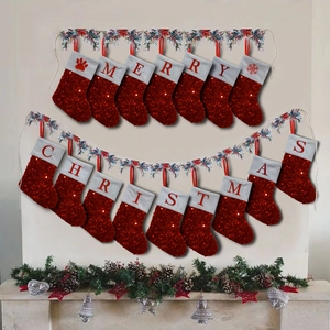 Red sequin Christmas stockings set spelling Merry Christmas hanging on a fireplace mantel