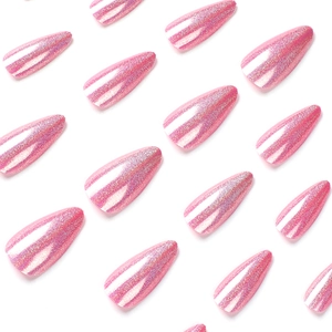 Rosa Stiletto-Kunstnägel zum Aufkleben mit Aurora-Hologramm-Glitzer-Effekt