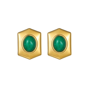 Vintage style 18K gold hexagonal stud earrings with green gemstone on white background