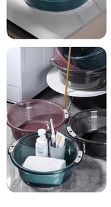 Stackable thick transparent washbasins with non-slip handles in a bathroom setting
