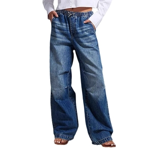 Women's mid-waist wide leg denim jeans in blue with drawstring waist and loose fit design