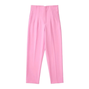Women's high-waisted pink dress pants with pleated front and wide leg silhouette