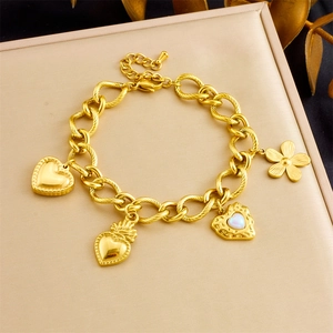 Gold Plated Stainless Steel O-Chain Heart Flower Charm Bracelet For Women Trendy Artificial Pearl Rhinestone Link Jewelry