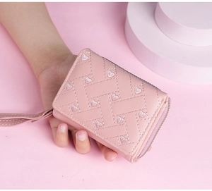 Pink women short quilted heart embroidered wallet cute daily compact purse wristlet
