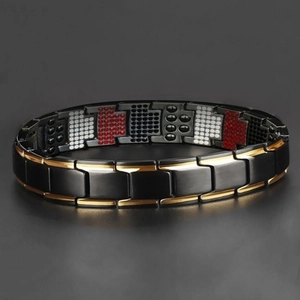 Adjustable magnetic therapy bracelet for men in black and gold finish with healing stones