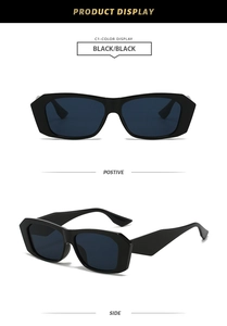 Detail view of black geometric polygon sunglasses with dark lenses from front and side