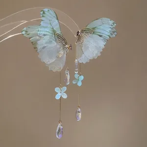 Elegant silver needle butterfly tassel earrings with gradient wings and crystals