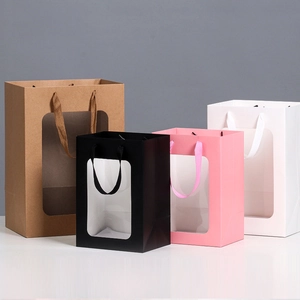 Set of clear window gift bags in brown, black, pink, and white with sturdy rope handles