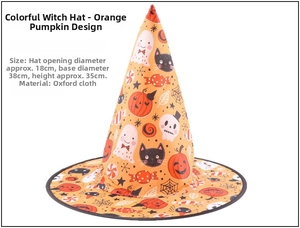 Detailed view of Halloween witch hat featuring orange pumpkin prints and oxford fabric textures