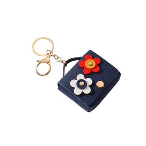Creative sunflower faux leather mini coin purse keychain in navy blue with red flower
