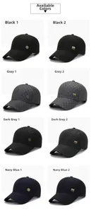 Detailed grid of men's plaid baseball caps in black, grey and navy with metal logo plates