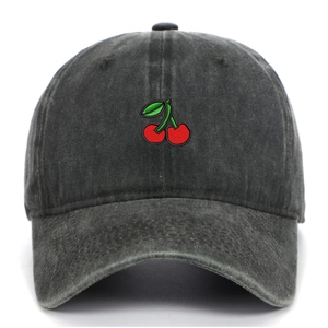 Close-up of cherry embroidery on smoke gray washed cotton baseball cap texture