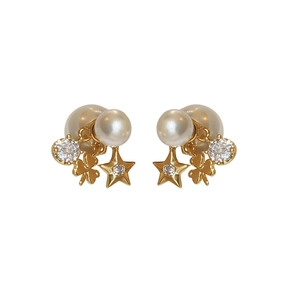 Elegant gold plated star and pearl double sided stud earrings with clover charms