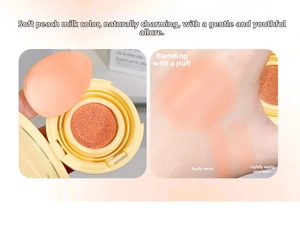 Detail view of cushion blush in peach apricot with puff and hand color swatches