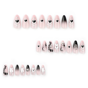 Y2K style black gradient press-on nails with silver heart and cross metal charms
