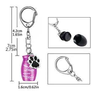 Purple pet cremation urn keychain with paw charm and sentimental quote size diagram