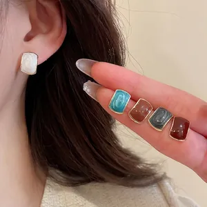 Minimalist square stud earring set with enamel finish and gold metal frame for women