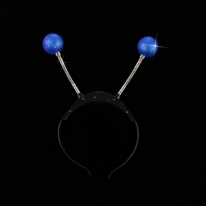 Detail of blue glitter eyeball headband with spring antennas and LED battery pack