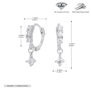 Dimensions détaillées des boucles d'oreilles S925 en argent avec zircons 5A brillants