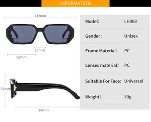 Size guide for black irregular sunglasses showing frames and exact measurements in mm