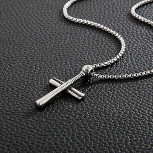 Men Baseball Bat Cross Pendant Necklace 316L Stainless Steel Sports Jewelry Hip Hop Style Retro Silver Color Accessory