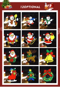 Detail view of 12 festive Christmas window stickers featuring Santa, snowmen and reindeer motifs