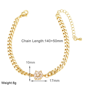 Detailed specs of flower pendant bracelet with clear cubic zirconia in gold plating