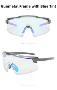 Detail of gunmetal cycling glasses with protective blue transparent coated lens