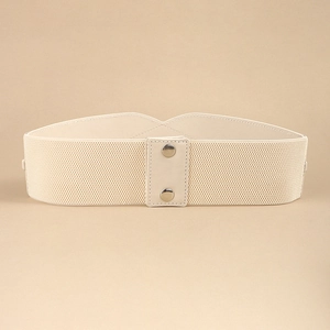 Detail of cream elastic wide waist belt with premium faux leather and silver metal snaps