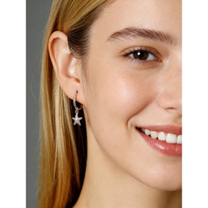 Elegant S925 sterling silver starfish drop earrings worn by a model in a close-up shot