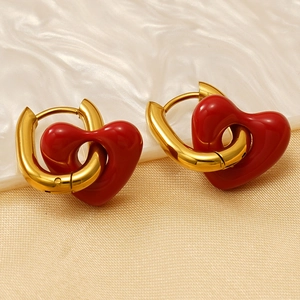 Vintage red enamel heart earrings with gold metal U-shaped detachable hoop design