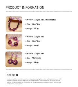 Detailed size and weight information chart for the purple acrylic beaded jewelry set