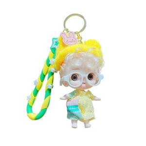 Cute doll keychain featuring blonde curls, yellow knit dress and pink rabbit hat decoration