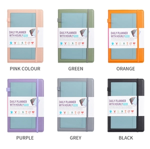 Detailed grid view of six colored daily planners with elastic bands and hourly schedules