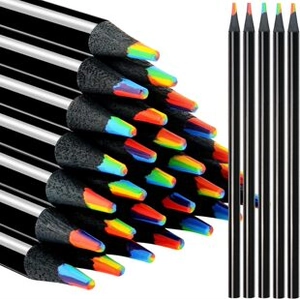 Macro detail of rainbow pencils featuring black wood barrels and four-color mixed lead cores