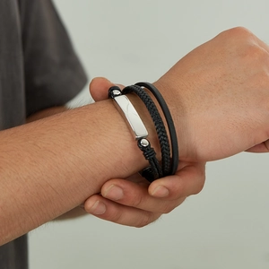 Men's multilayer braided black leather bracelet with silver stainless steel metal clasp