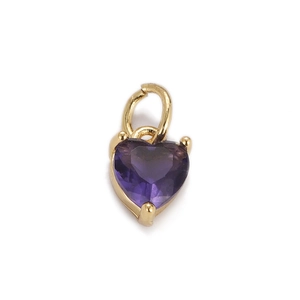 Detailed view of heart-shaped gold pendant with purple faceted zircon and connector ring