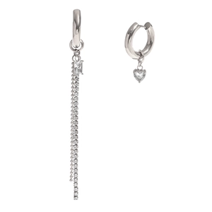 Asymmetric silver heart and tassel drop earrings with cubic zirconia stones