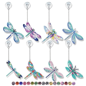 Detail of 8 dragonfly DIY diamond art pendants with colorful rhinestones and suction cups