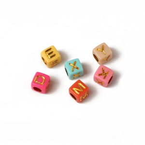 Colorful 6mm acrylic square letter beads with gold engraving for DIY jewelry making