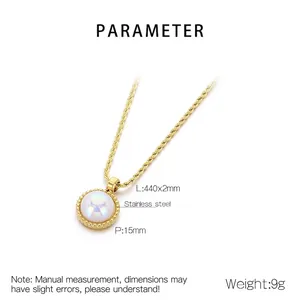Detail of 15mm white shell pendant on 440mm stainless steel twisted chain necklace