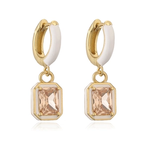 Golden square drop earrings with white enamel and sparkling champagne zirconia stones